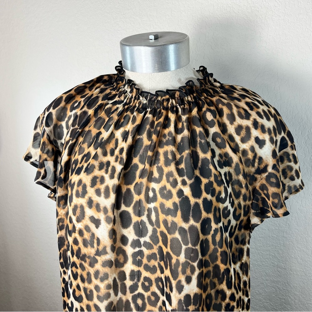 EUC Express Animal Print Sheer Short Sleeve Cap Sleeve Blouse Top